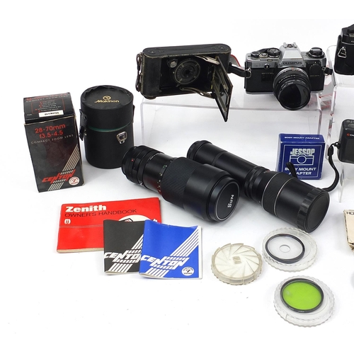 1916 - Vintage and later cameras, lenses and accessories including Olympus OM10, Zenit-E and Konica Auto Re... 