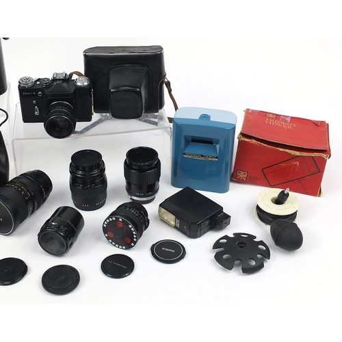 1916 - Vintage and later cameras, lenses and accessories including Olympus OM10, Zenit-E and Konica Auto Re... 