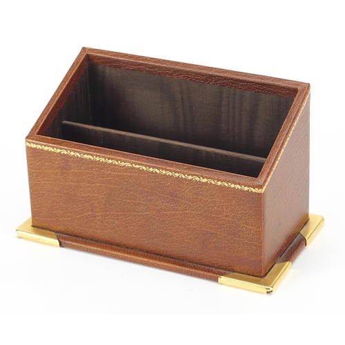 407 - Asprey tooled tan leather letter rack with brass mounts, 9cm H x 15.5cm W x 8.5cm D