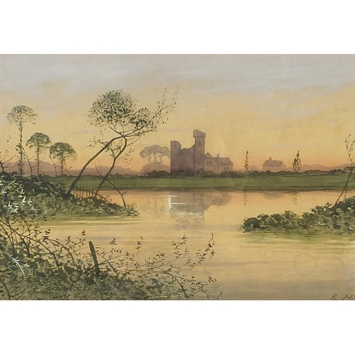 99 - River before a castle, gouache, monogramed E N, mounted, framed and glazed, 26.5cm x 18cm excluding ... 