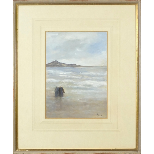 185 - P Lang - seascape with figures, Dutch signed watercolour, mounted, framed and glazed, 26cm x 18.5cm ... 