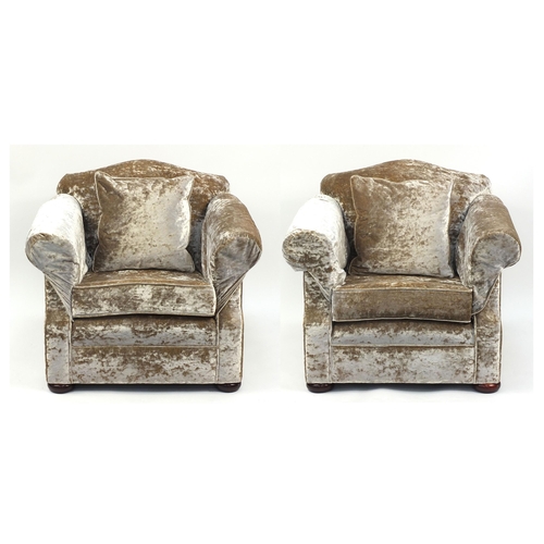 701 - Pair of lounge chairs upholstered in grey crushed velvet, 85cm H x 100cm W x 100cm D