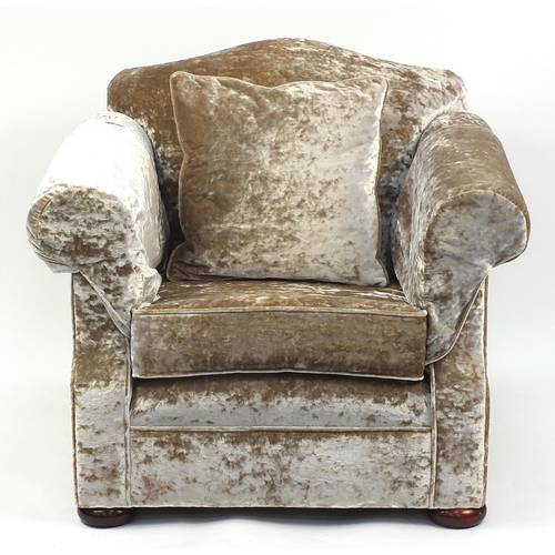 701 - Pair of lounge chairs upholstered in grey crushed velvet, 85cm H x 100cm W x 100cm D