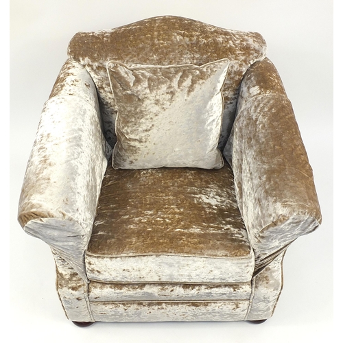 701 - Pair of lounge chairs upholstered in grey crushed velvet, 85cm H x 100cm W x 100cm D