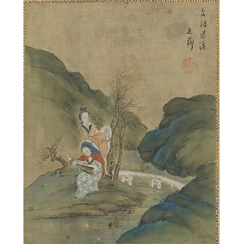 63 - Females beside water, pair of Chinese watercolours on silks with character marks and red seal marks,... 