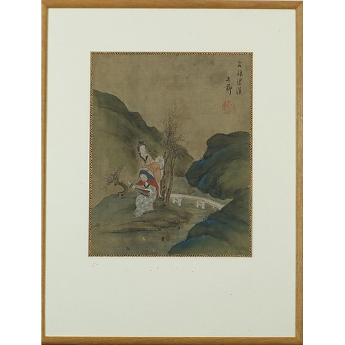 63 - Females beside water, pair of Chinese watercolours on silks with character marks and red seal marks,... 