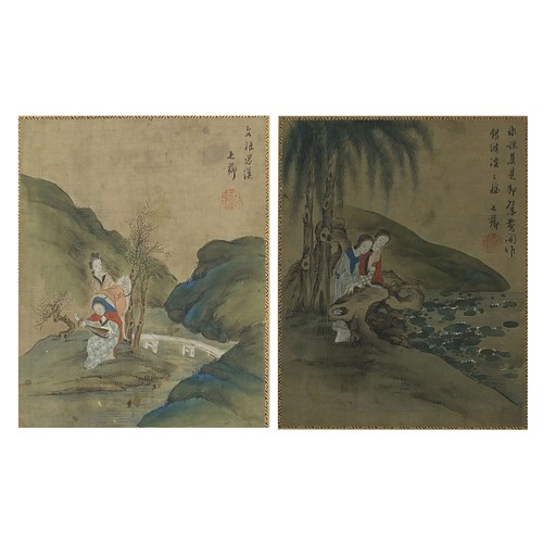 63 - Females beside water, pair of Chinese watercolours on silks with character marks and red seal marks,... 
