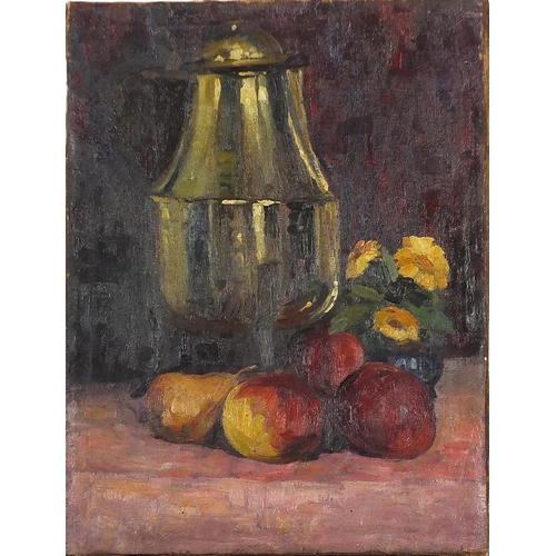 154 - Still life vessels, fruit and flowers, 20th century oil on canvas, unframed, 50cm x 38cm