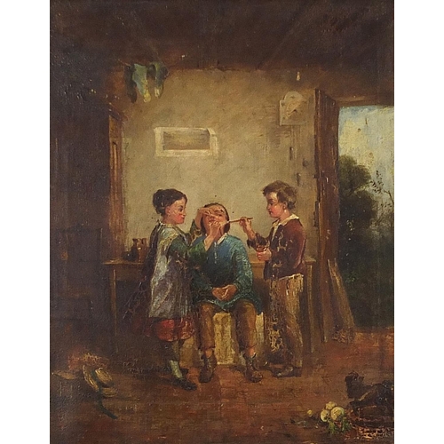 320 - Three children in an interior, antique Dutch oil on canvas, mounted and framed, 40cm x 31.5cm exclud... 