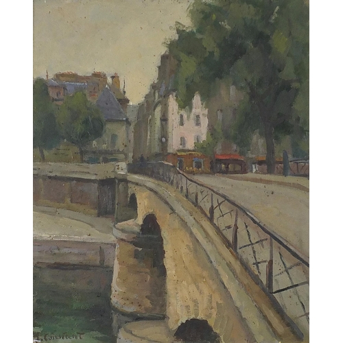 255 - Bridge above water before a town, French oil on board, A Drouant, Paris stamp verso, mounted and fra... 