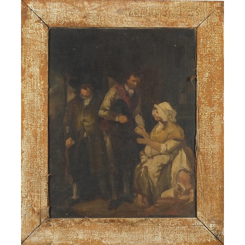 121 - Figures in an interior, antique oil on canvas, indistinctly stamped verso, framed, 44.5cm x 34.5cm e... 