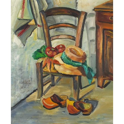 298 - Interior scene with chair and clogs, continental oil on canvas, mounted and framed, 53cm x 43cm excl... 