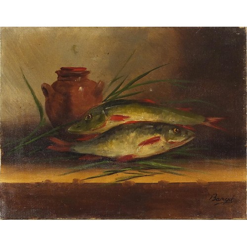 186 - Still life vessel and fish, oil on canvas, indistinctly signed, possibly Bar...t?, unframed, 41cm x ... 