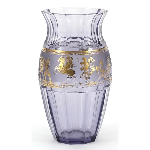 71 - Attributed to Moser, Bohemian purple glass vase gilded and decorated in relief with a continuous ban... 