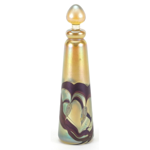 110 - Okra iridescent art glass scent bottle dated 1983, 18cm high
