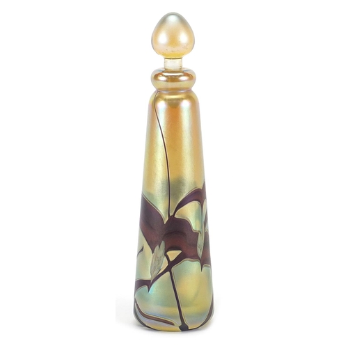 110 - Okra iridescent art glass scent bottle dated 1983, 18cm high