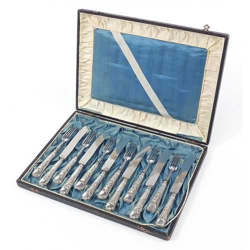 2250 - Set of twelve Austro-Hungarian silver handled knives and forks housed in a fitted case, the handles ... 