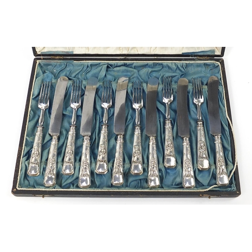 2250 - Set of twelve Austro-Hungarian silver handled knives and forks housed in a fitted case, the handles ... 