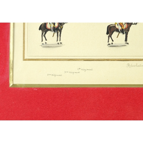 187 - Revolution Empire, Hussards, military interest heightened watercolour, mounted, framed and glazed, 3... 
