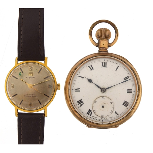 2799 - Gentlemen's gold plated open face pocket watch and a Tissot Seastar Seven automatic wristwatch