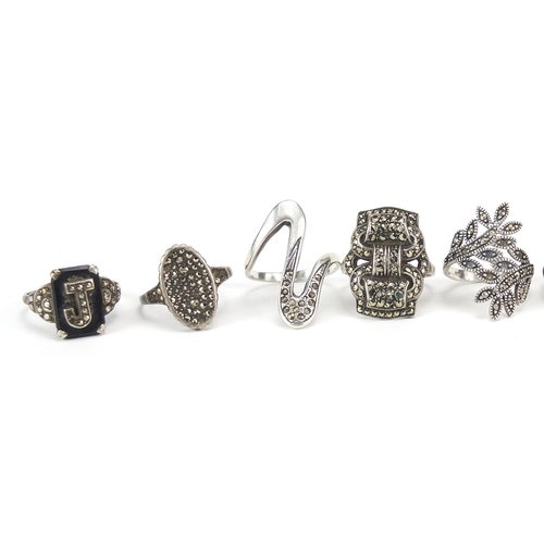 2785 - Ten antique and later silver marcasite rings, various sizes, 43.8g