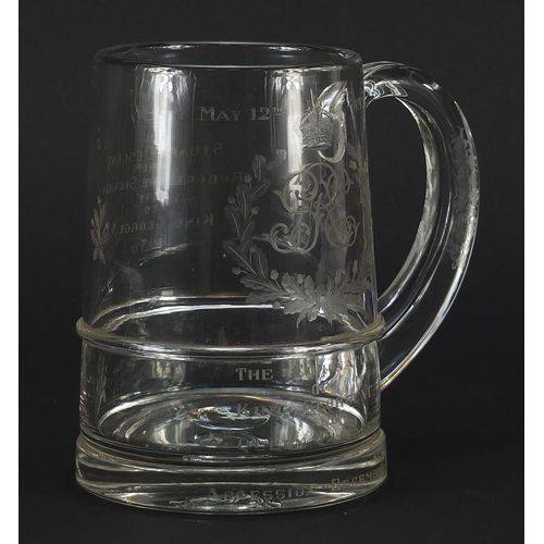 270 - King George V and Queen Elizabeth Coronation tankard with coin set base, 14.5cm high