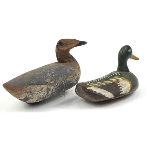 664 - Two antique carved wood duck decoys, the largest 39cm in length