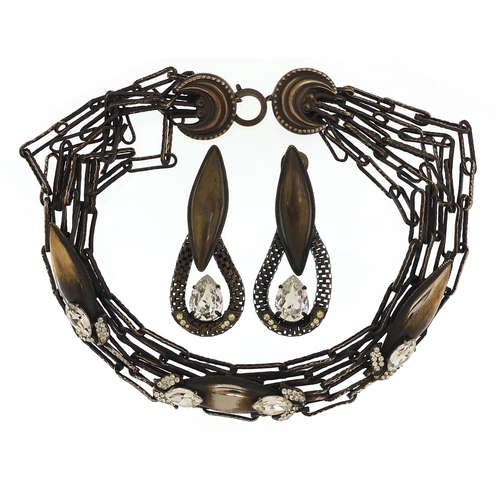 2795 - Vintage French bronzed metal necklace and matching earrings set with clear stones, the necklace appr... 