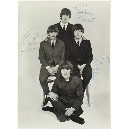 2055 - Black and white photograph of The Beatles with ink signatures, 21cm x 15cm