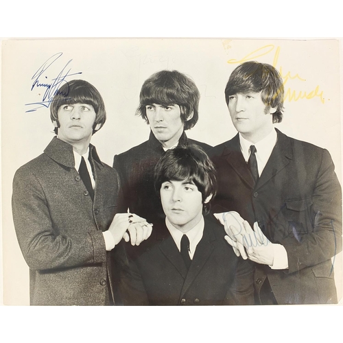 2053 - Black and white photograph of The Beatles with ink signatures, 21cm x 15cm