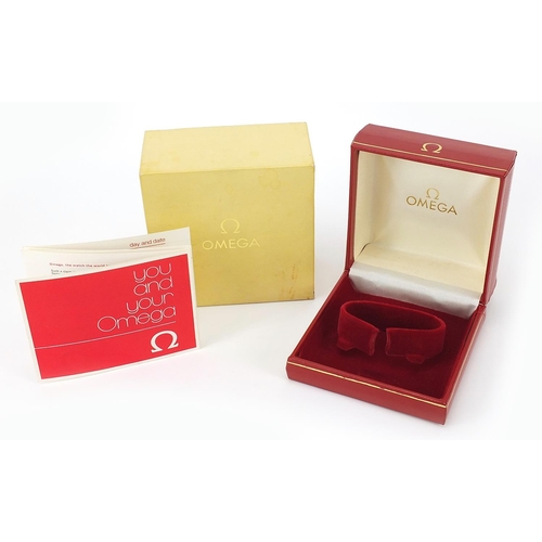 2777 - Omega, red leatherette wristwatch box with cardboard outer box, 5.5cm H x 10cm W x 10cm D