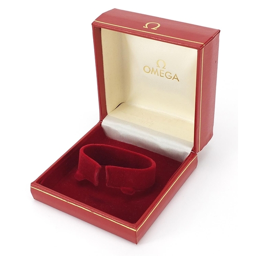 2777 - Omega, red leatherette wristwatch box with cardboard outer box, 5.5cm H x 10cm W x 10cm D