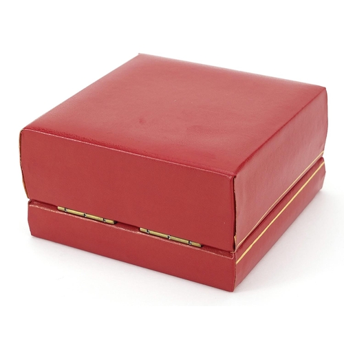 2777 - Omega, red leatherette wristwatch box with cardboard outer box, 5.5cm H x 10cm W x 10cm D