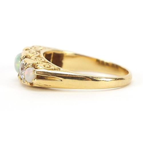 2253 - Antique 18ct gold cabochon opal and diamond five stone ring with pierced and scrolled setting, total... 