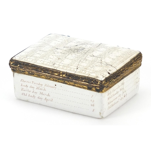 424 - 18th century Battersea enamel 1758 calendar year snuff box with hinged lid, 6.5cm wide