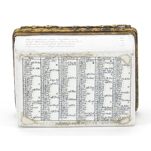 424 - 18th century Battersea enamel 1758 calendar year snuff box with hinged lid, 6.5cm wide