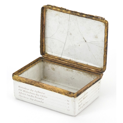 424 - 18th century Battersea enamel 1758 calendar year snuff box with hinged lid, 6.5cm wide