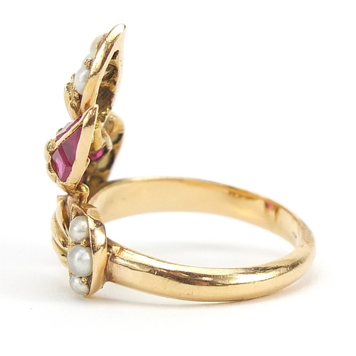 2283 - Unmarked gold ruby and pearl cocktail ring, (tests as 18ct gold) size N, 1.2g