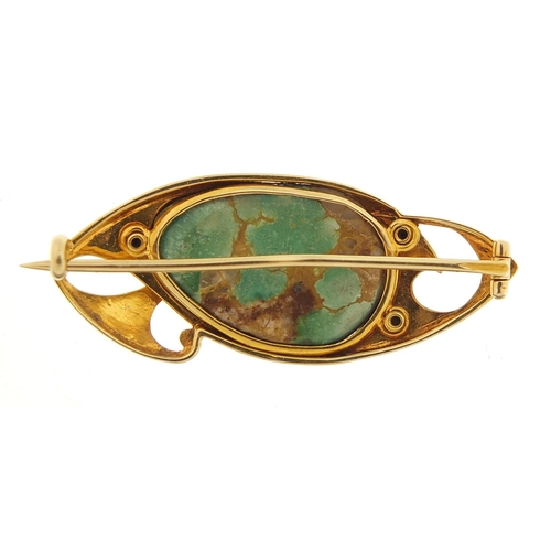 2282 - Murrle Bennett, Art Nouveau 15ct gold and turquoise brooch, 4cm wide, 5.7g