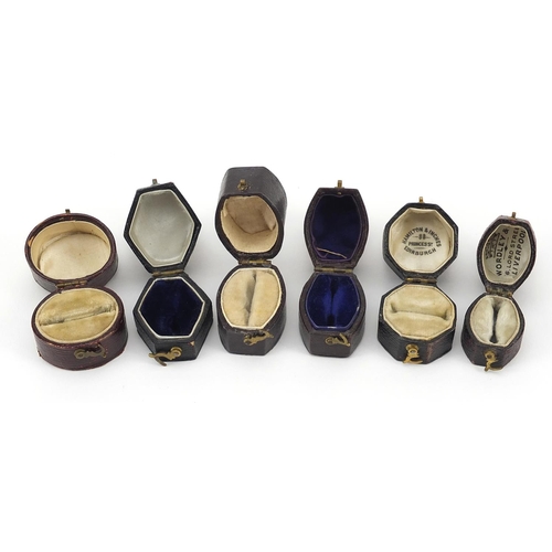 2791 - Six Georgian leather jeweller's ring boxes including Wordley & Co, A G M Farlane and Hamilton & Inch... 