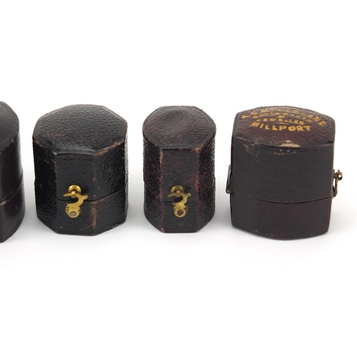 2791 - Six Georgian leather jeweller's ring boxes including Wordley & Co, A G M Farlane and Hamilton & Inch... 