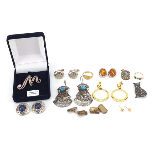 2781 - Vintage and later jewellery including silver and amber earrings, silver marcasite cat brooch and ear... 