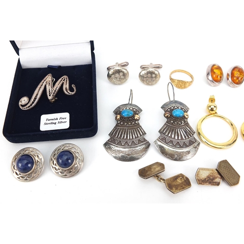 2781 - Vintage and later jewellery including silver and amber earrings, silver marcasite cat brooch and ear... 