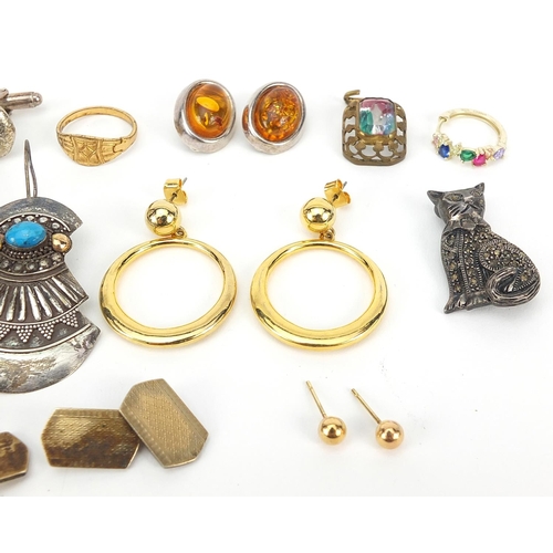 2781 - Vintage and later jewellery including silver and amber earrings, silver marcasite cat brooch and ear... 