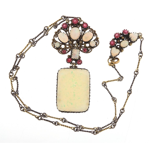 2778 - Antique design silver coloured metal opalite and pink stone necklace, 44cm in length, 16.8g