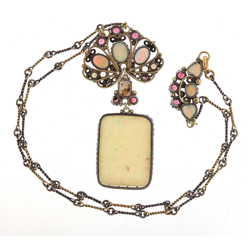 2778 - Antique design silver coloured metal opalite and pink stone necklace, 44cm in length, 16.8g