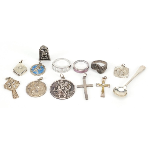 2787 - Silver jewellery including St Christopher pendants, Celtic cross pendant and rings, the largest 6.5c... 