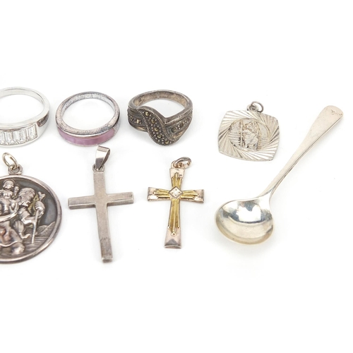 2787 - Silver jewellery including St Christopher pendants, Celtic cross pendant and rings, the largest 6.5c... 