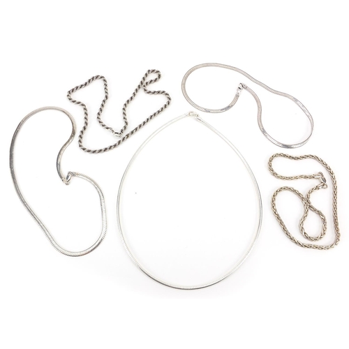 2771 - Five silver necklaces including rope twist and snake design, 71.2g