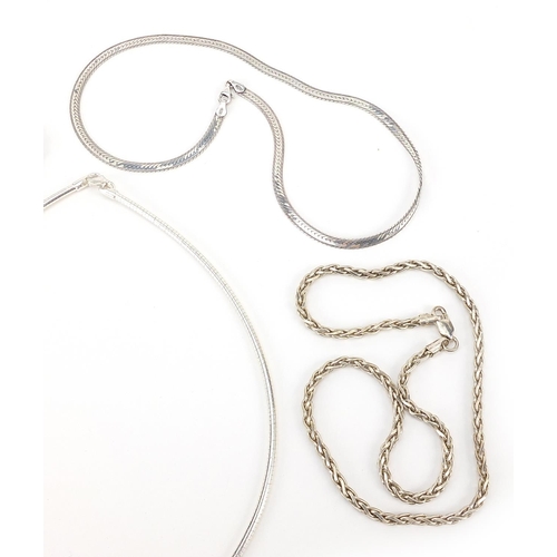 2771 - Five silver necklaces including rope twist and snake design, 71.2g